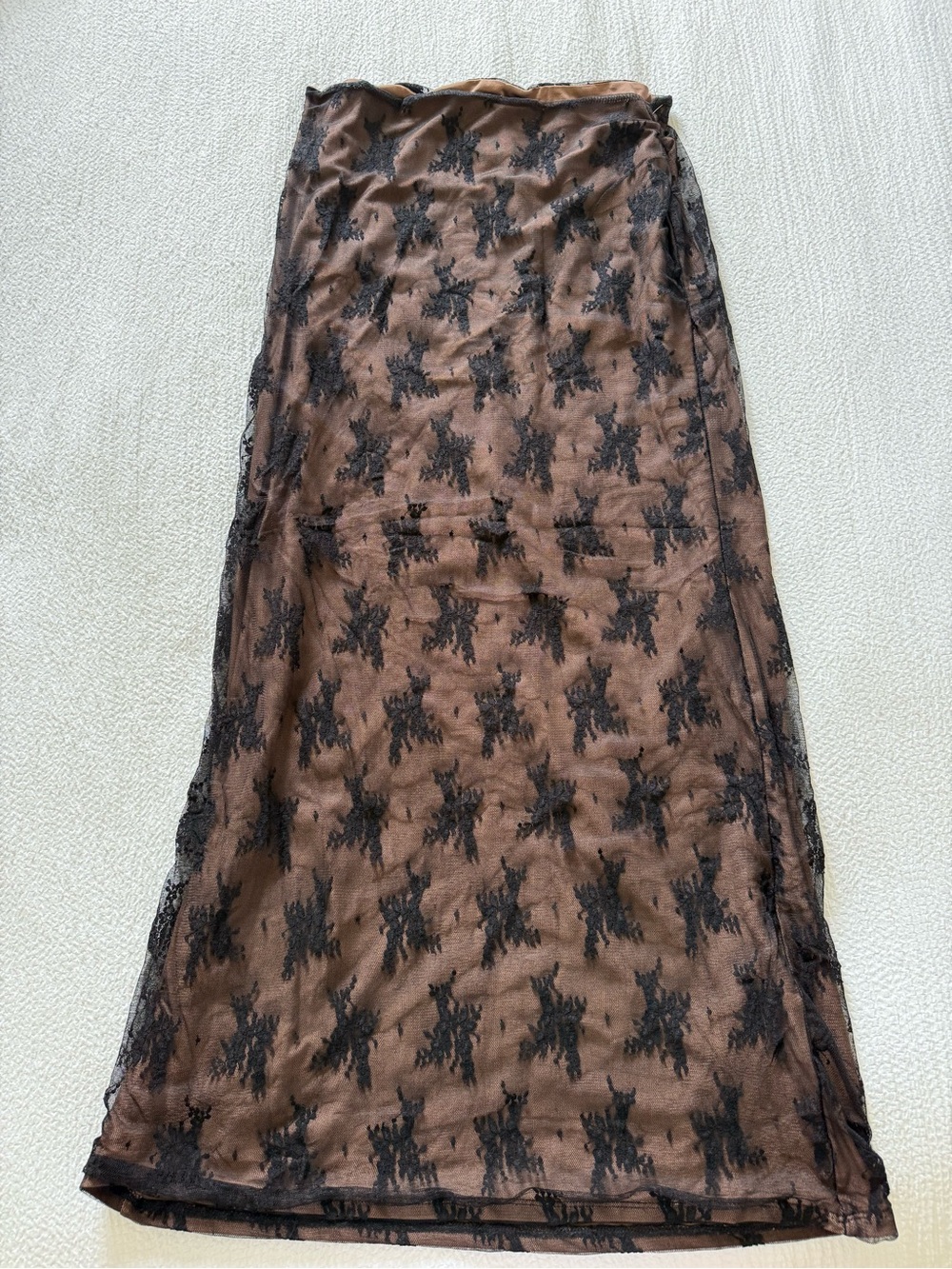 Tiger Mist Brown Maxi Skirt with Black Lace Overlay
